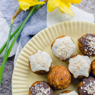 carrot cake truffles with chocolate and coconut