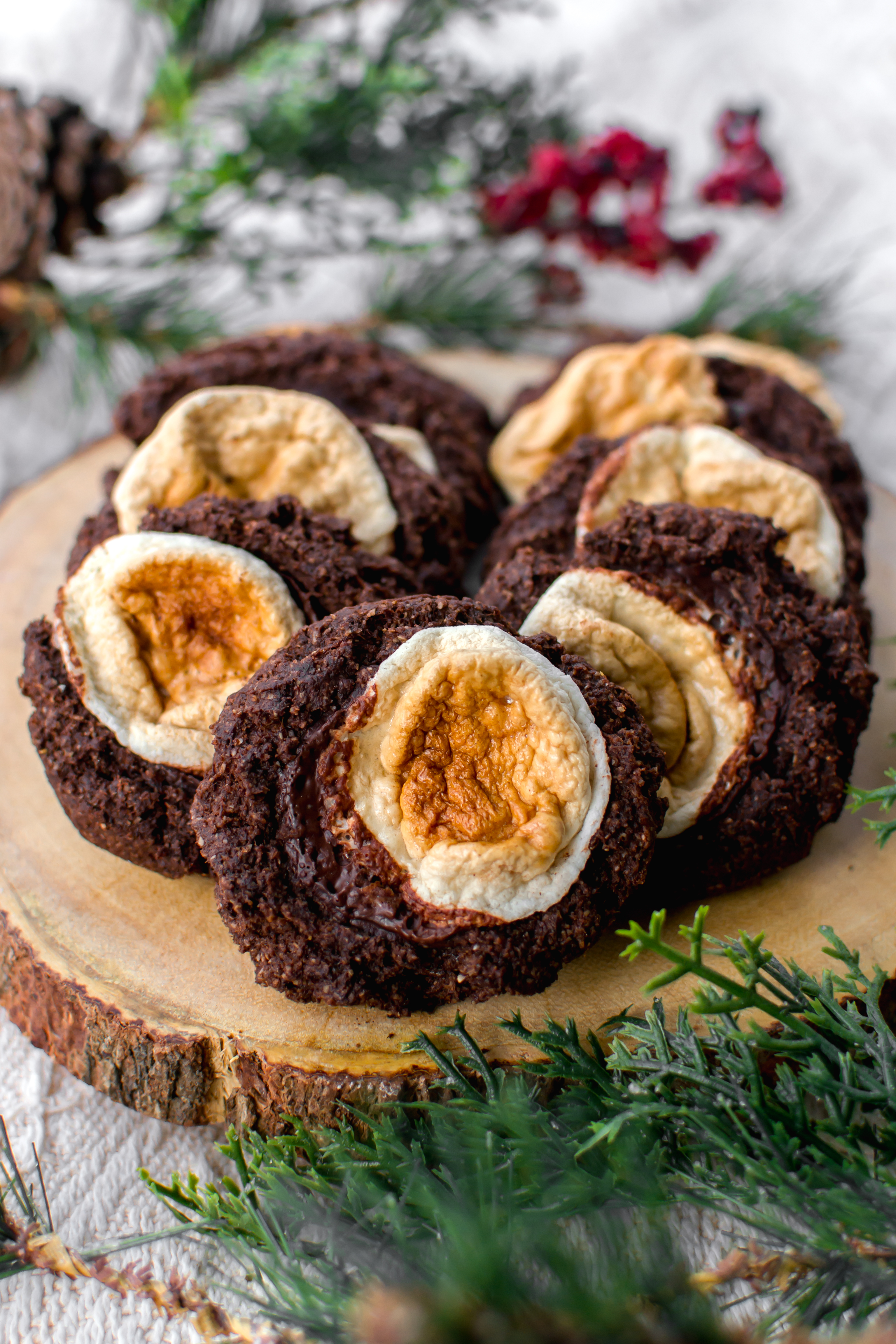 vegan gluten free peppermint hot chocolate cookies with toasted marshmallow